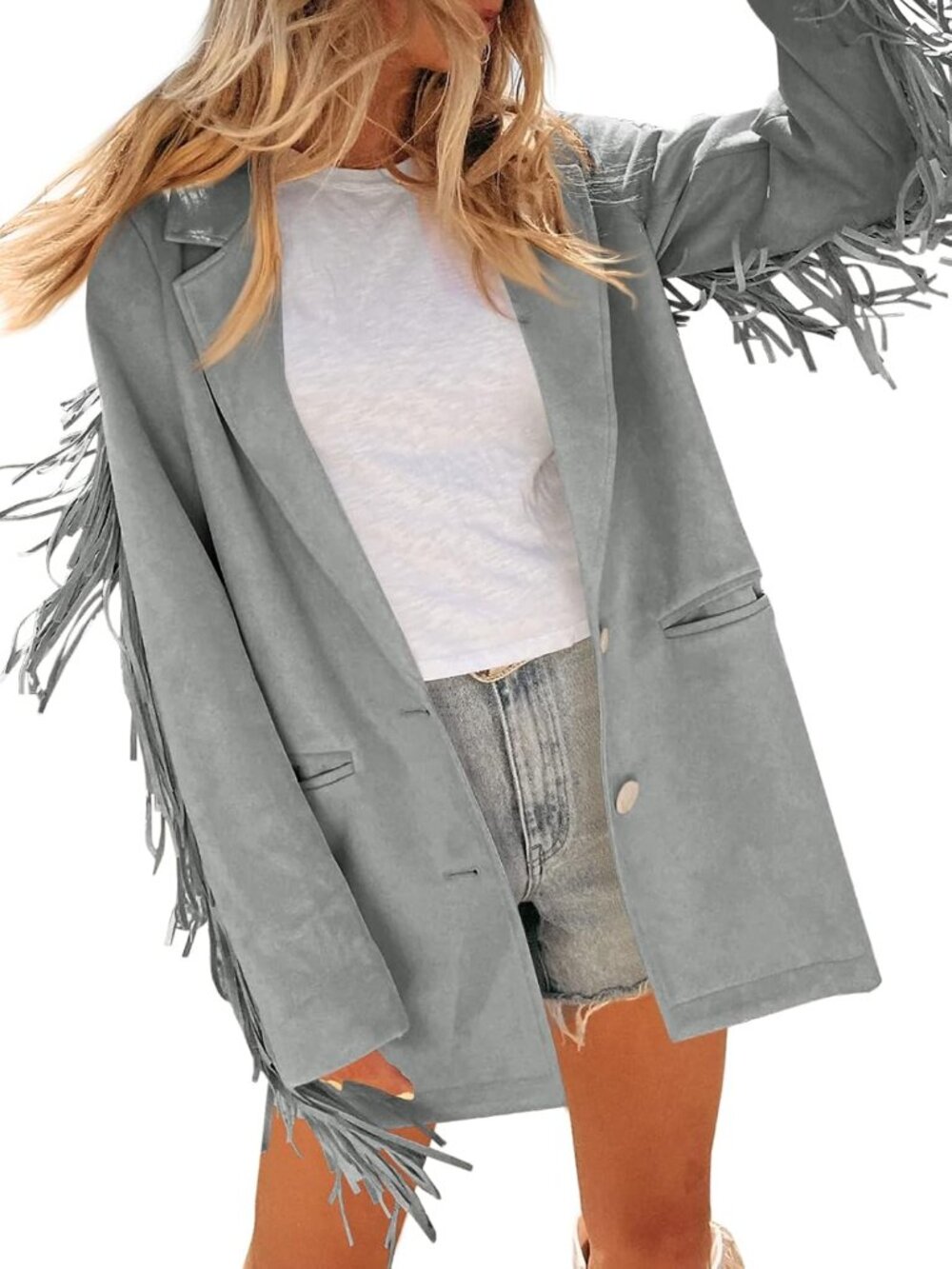 Women's Grey Faux Suede Lapel Collar Long Sleeves Casual Western Fringe Jacket